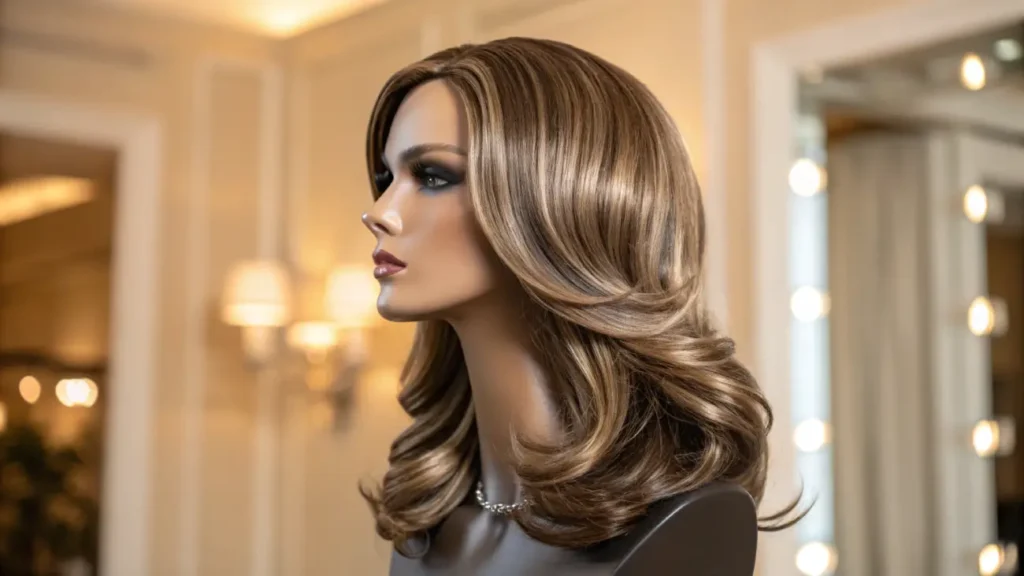 A professionally styled human hair wig with smooth, shiny layers displayed on a mannequin in a warmly lit, elegant setting