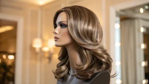 A professionally styled human hair wig with smooth, shiny layers displayed on a mannequin in a warmly lit, elegant setting