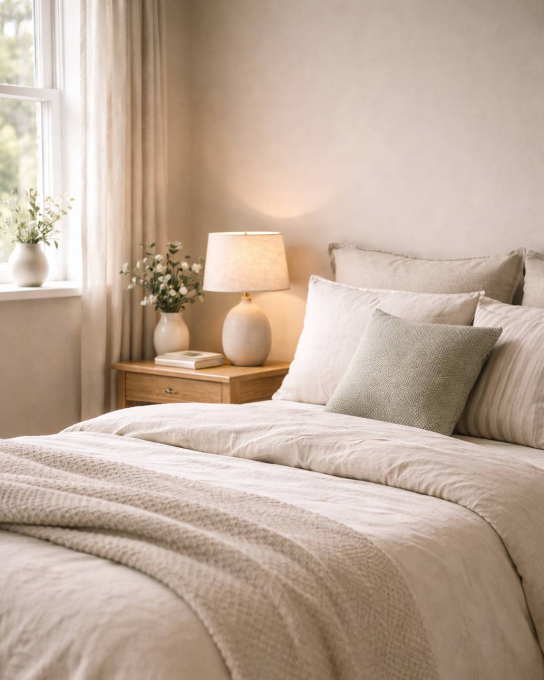 Bright cosy bedroom corner in modern cozy cottage style with linen bedding, warm ivory tones, light oak bedside table, ceramic vase, soft morning light.