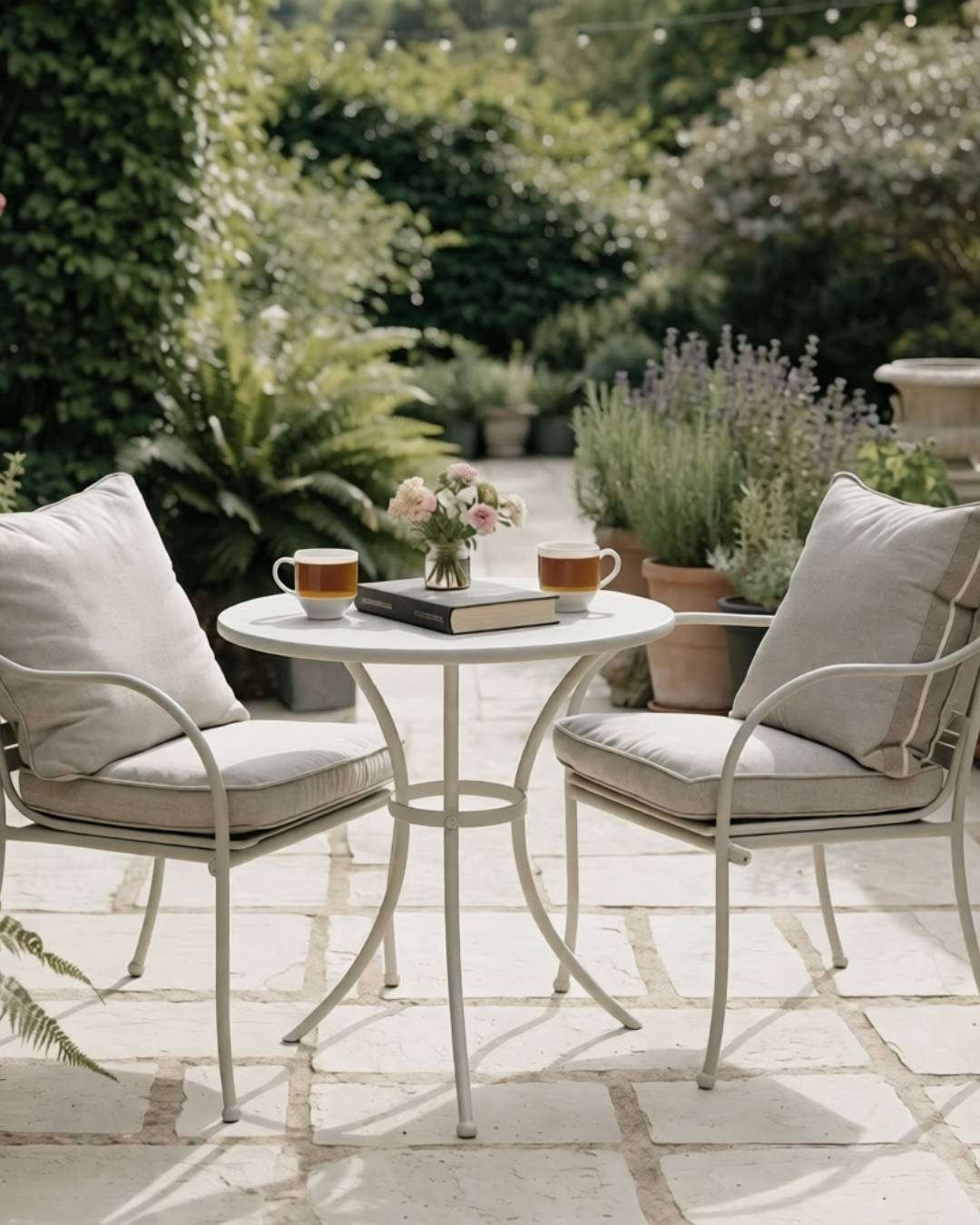 Compact garden bistro set on a small UK patio with neutral cushions, tea tray and lavender pots.