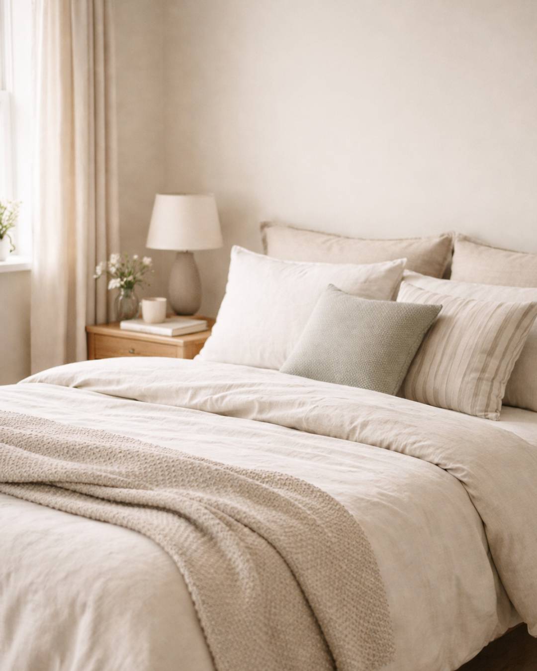 Neutral linen bedding set on a calm modern cottage bed with a textured throw and soft daylight.