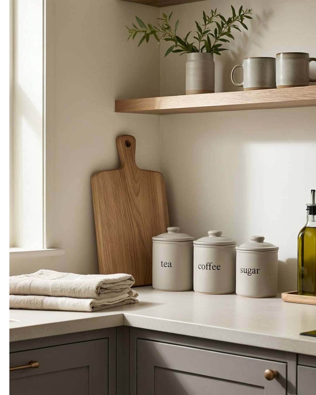 Modern cosy countertop with wooden chopping boards, ceramic canisters and linen tea towels (cottage kitchen accessories).