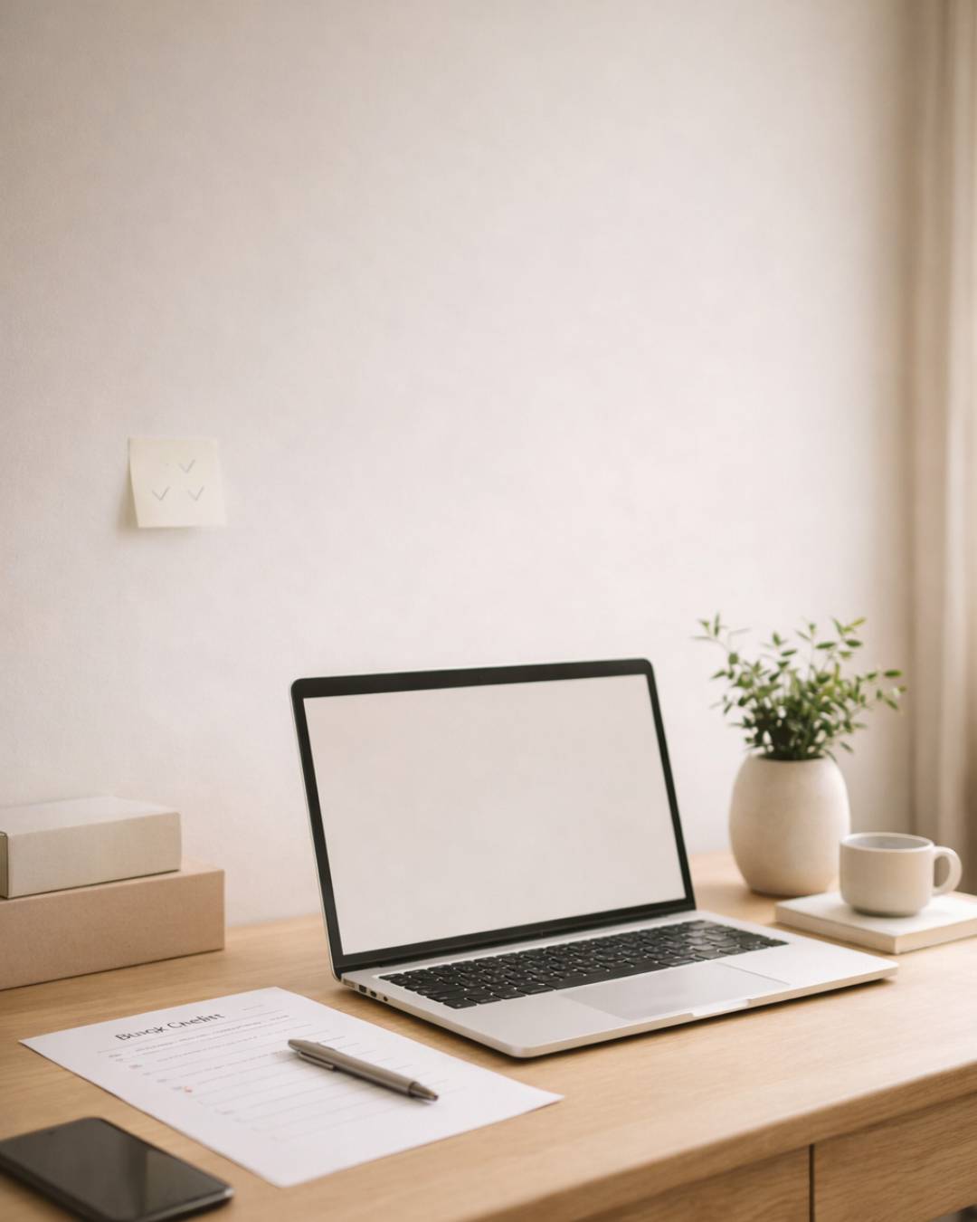 Calm home workspace with laptop, checklist and neutral product boxes, representing product guides and smart buying decisions.
