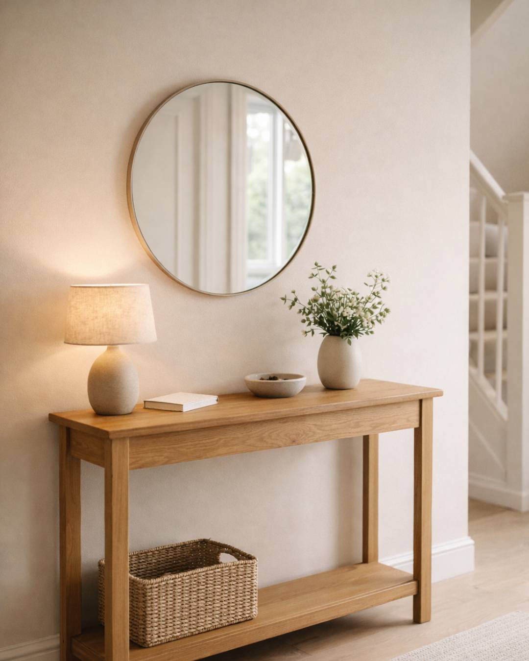 Rustic console table in a bright UK hallway with a round mirror, warm lamp, ceramic vase and a tidy key tray.