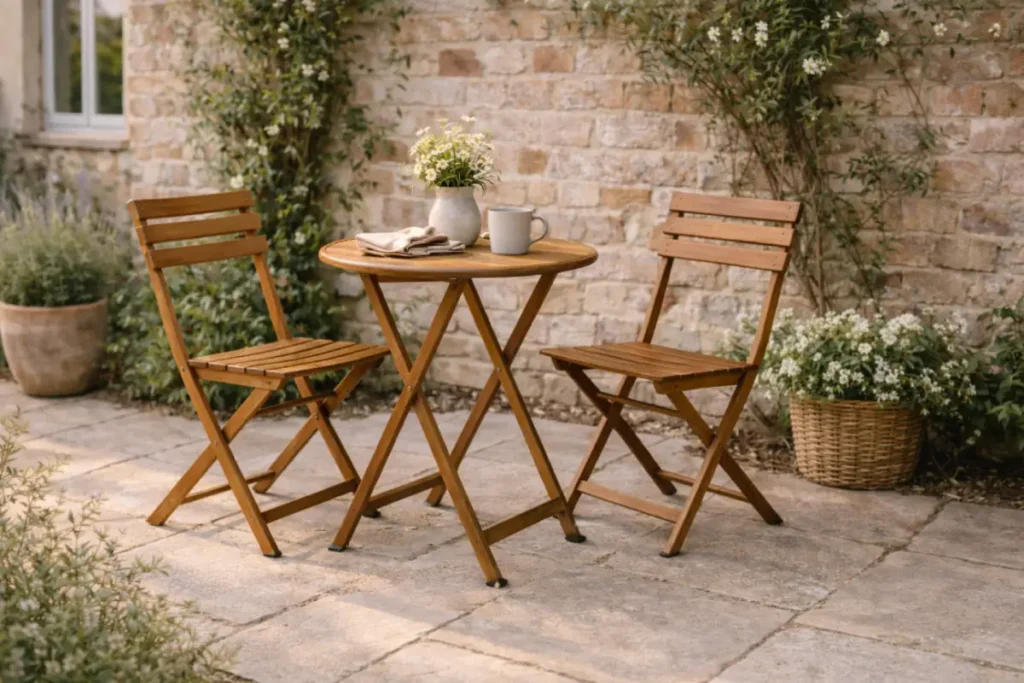 acacia wooden garden bistro set with round table on a cosy patio