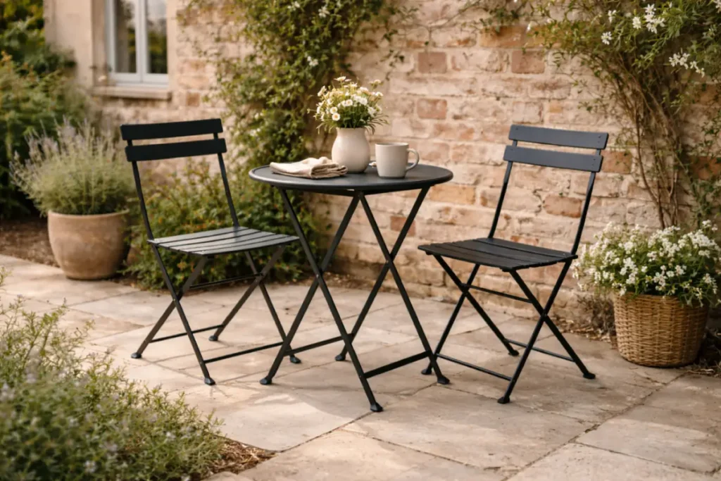 garden bistro set on a small cosy patio with folding black metal table and chairs