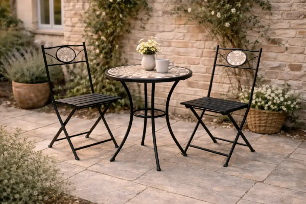 black metal garden bistro set with round mosaic table on cottage patio