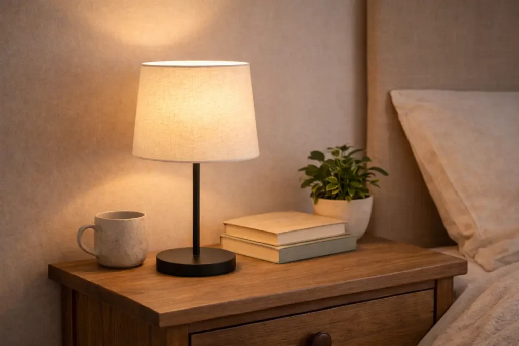 black metal table lamp with linen shade creating warm light in a cosy cottage reading corner