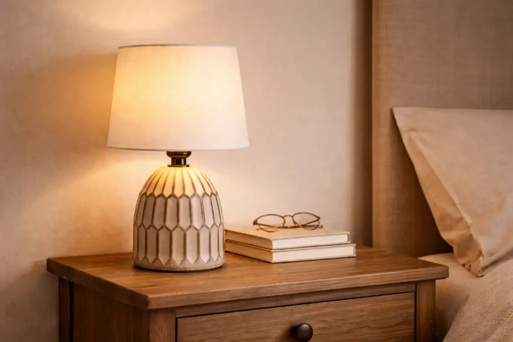 Ceramic table lamp with linen shade creating warm light in a cosy cottage reading corner