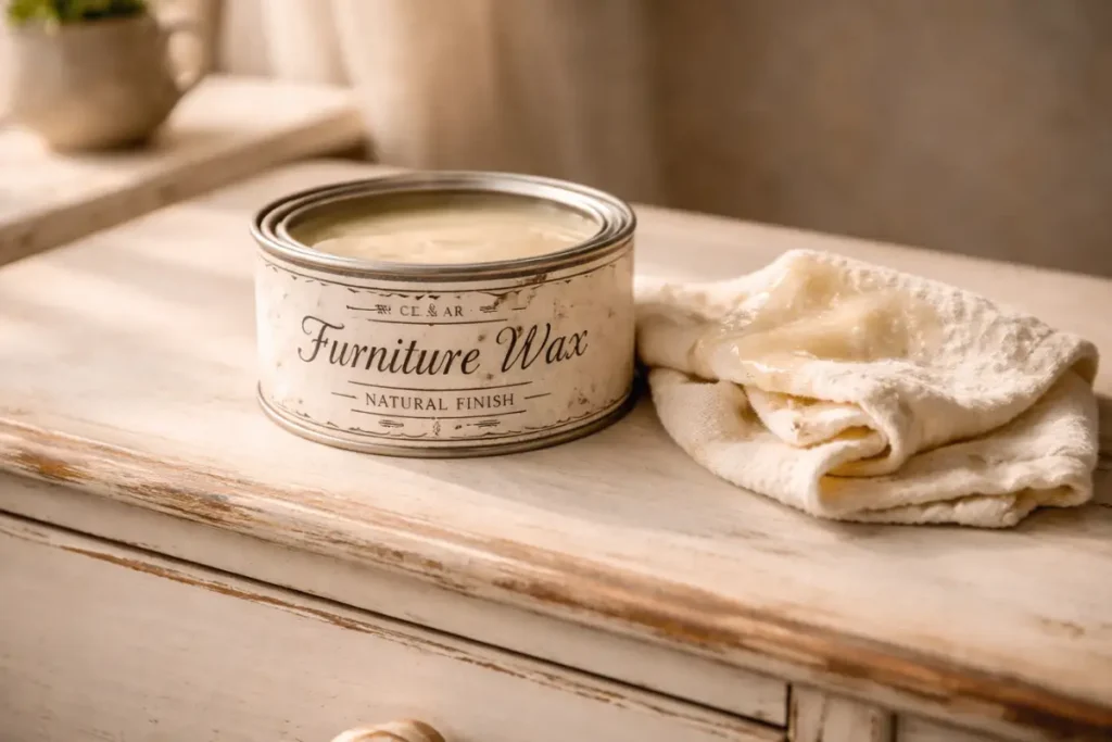 A vintage-style tin of clear furniture wax and a soft cotton cloth resting on a distressed, cream-painted shabby chic wooden chest of drawers.