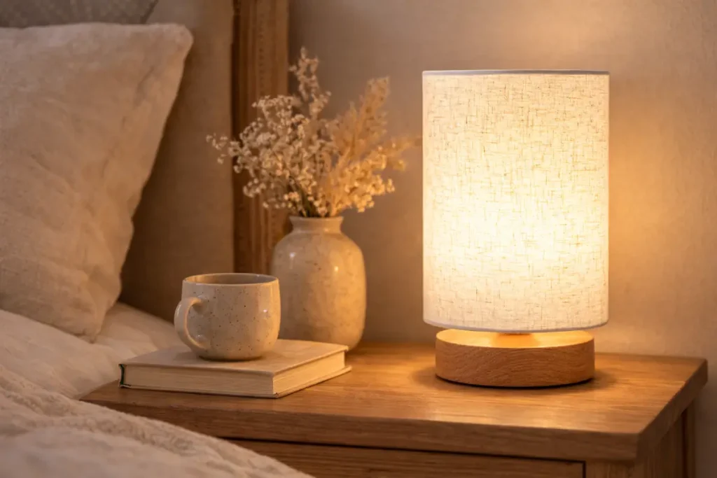 bedside table lamp with wooden base and linen shade creating warm light in a cosy cottage bedroom