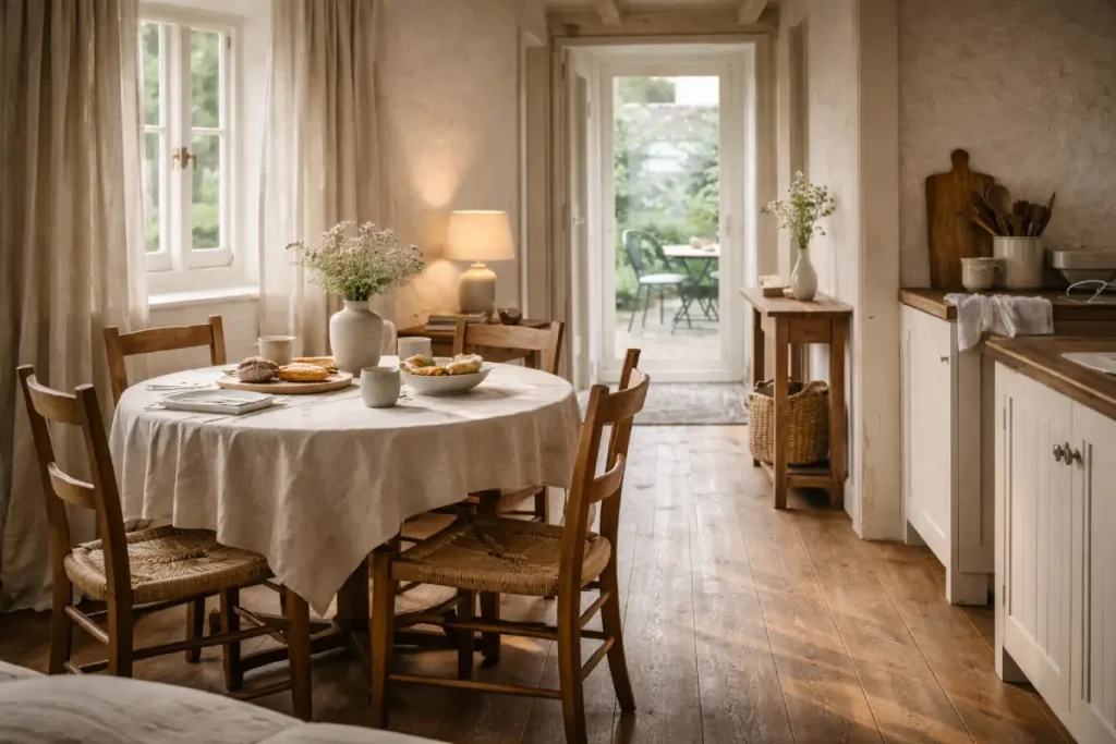 cosy cottage kitchen and dining space showing simple cottage decorating ideas with natural materials