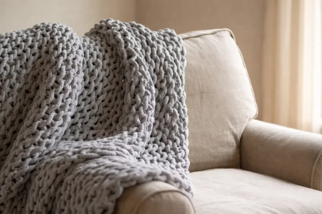 Thick grey chunky knit chenille throw blanket draped softly over a linen armchair in a warm cottage living room furniture.