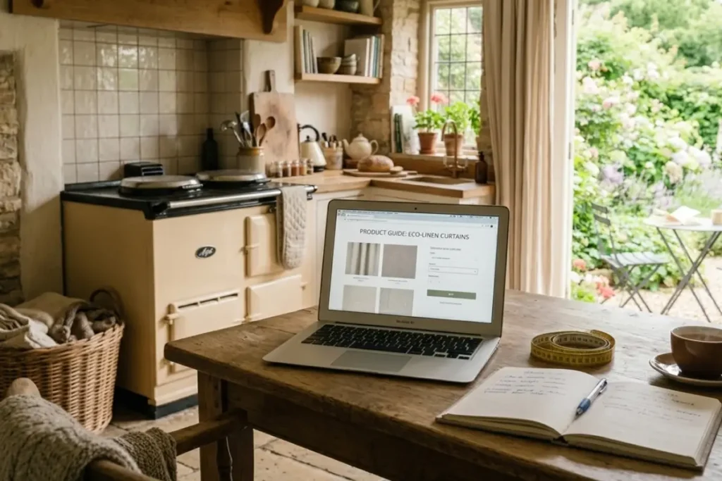 home workspace in a cottage kitchen while researching cottage decorating ideas