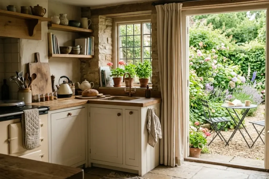 cottage kitchen opening to a garden with bistro set reflecting calm cottage decorating ideas