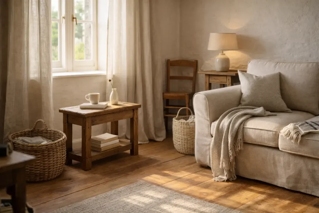 cottage decorating ideas in a calm british cottage interior with natural wood and linen textures