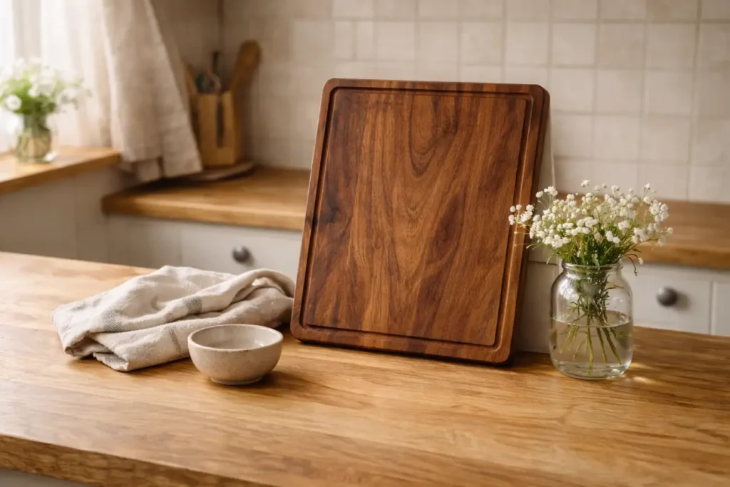 Acacia wood chopping board styled vertically on a warm worktop in cottage kitchen ideas setting