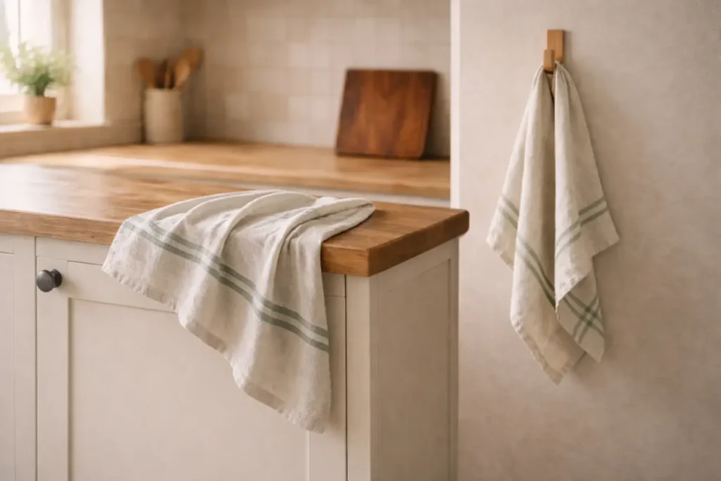 Neutral linen tea towel styled on wooden countertop in cottage kitchen ideas setting