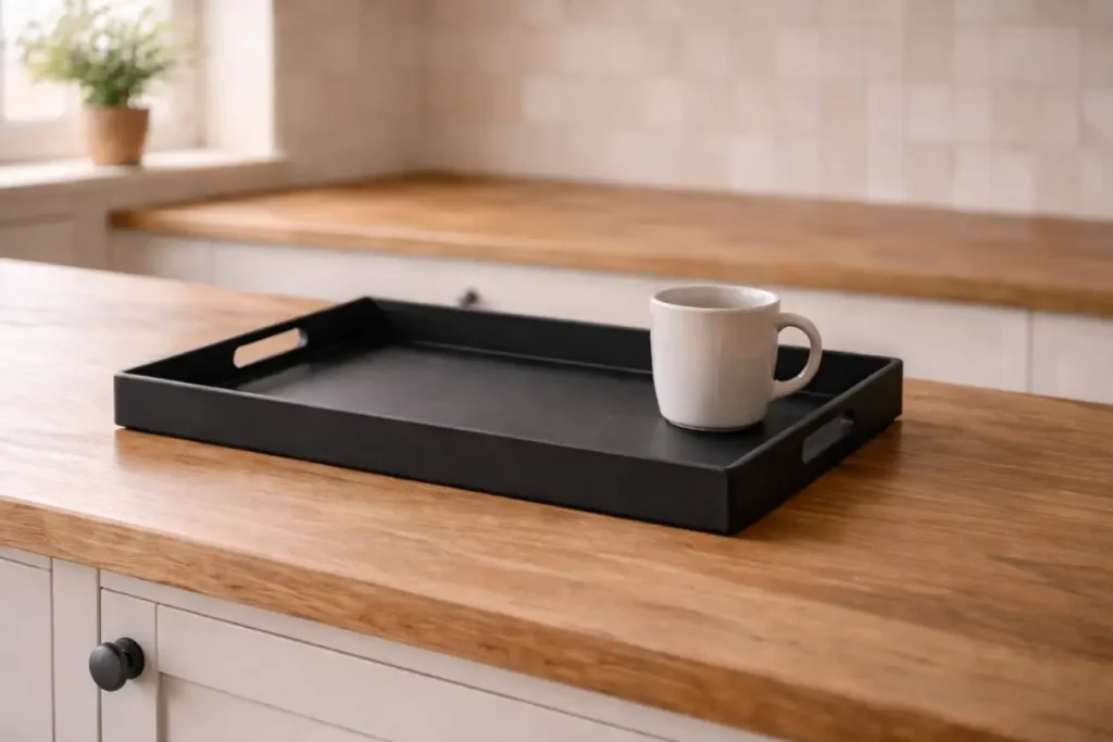 Matte black rectangular serving tray with cut-out handles styled in warm cottage kitchen ideas setting on wooden countertop.