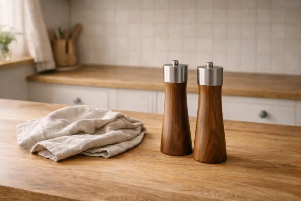 Wooden salt and pepper mill set in warm cottage kitchen ideas countertop styling