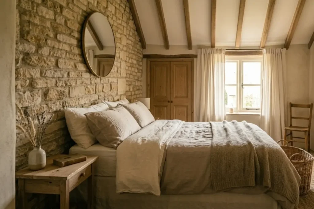 cozy cottage style bedroom with linen bedding, soft natural light, stone wall, wooden bedside table and warm neutral tones