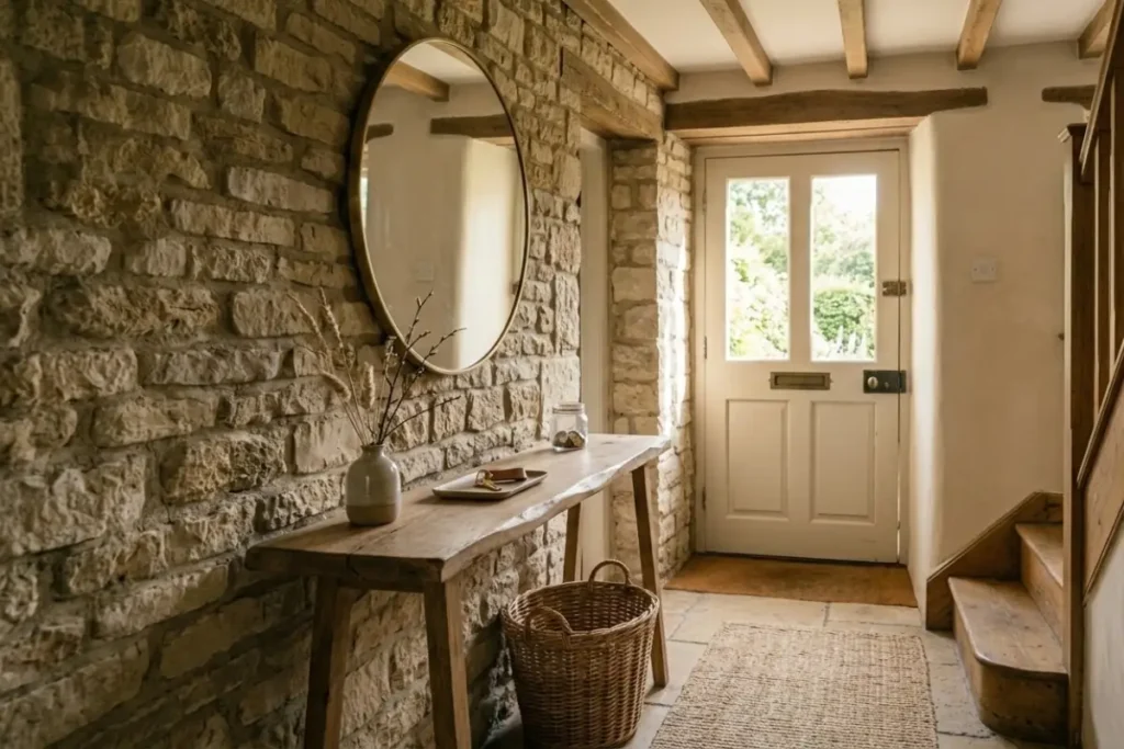 cozy cottage style entryway in a narrow UK hallway with a rustic wooden console table, round mirror, woven basket and soft natural light