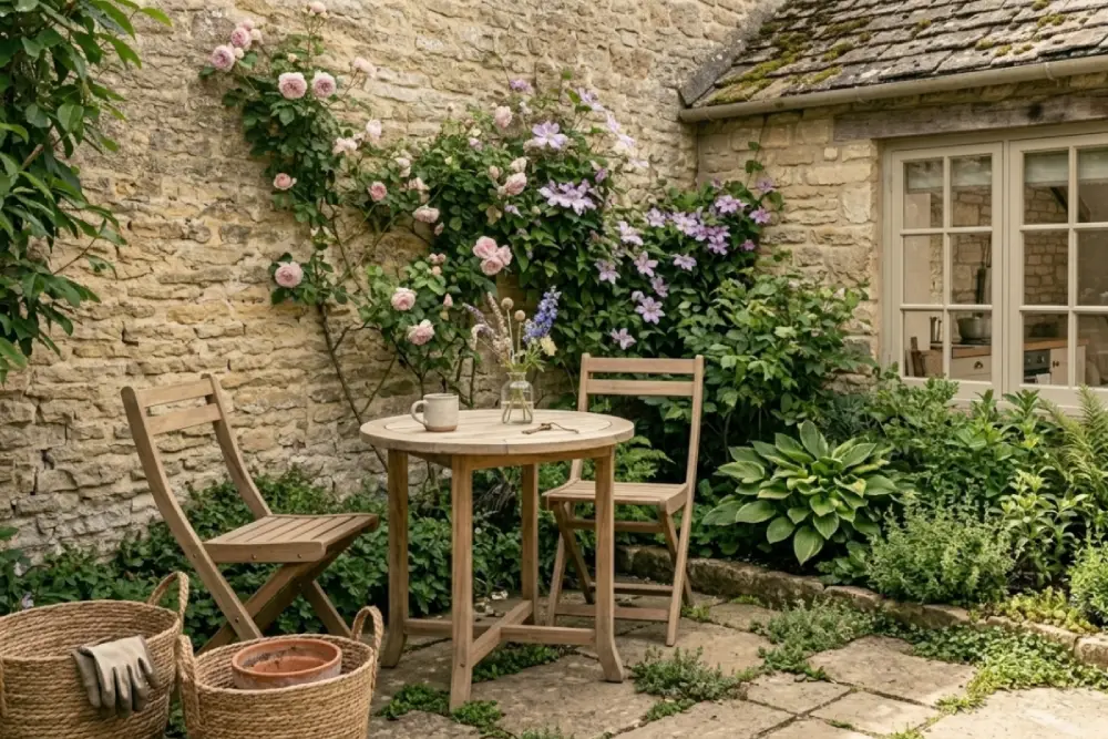 cozy cottage style garden patio with wooden bistro table and chairs, flowers and stone wall in a small UK cottage garden