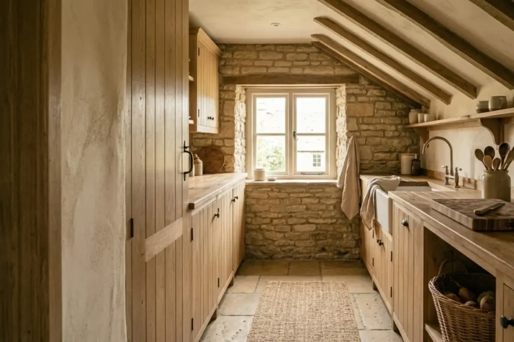 cozy cottage style kitchen with natural wood cabinets, stone wall, farmhouse sink and soft daylight in a small UK cottage