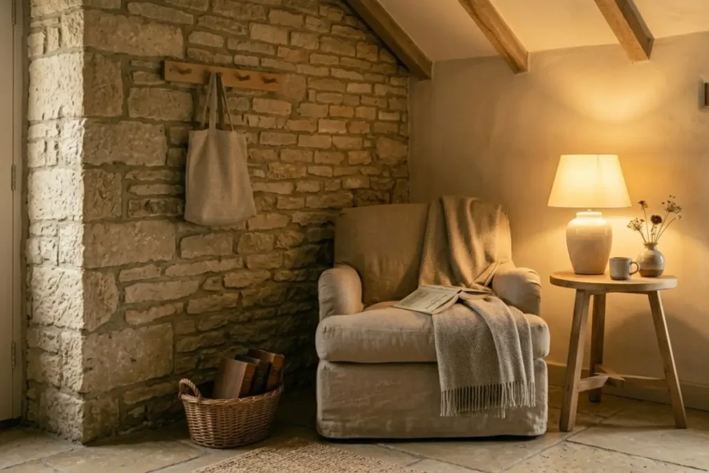 cozy cottage style reading corner with warm table lamp, armchair, wooden side table and soft evening light in a UK cottage interior