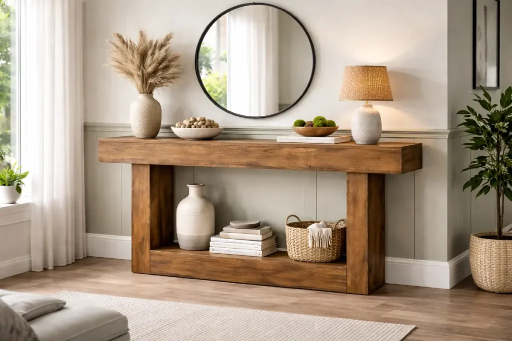 farmhouse rustic console table in natural wood styled in a cosy cottage entryway