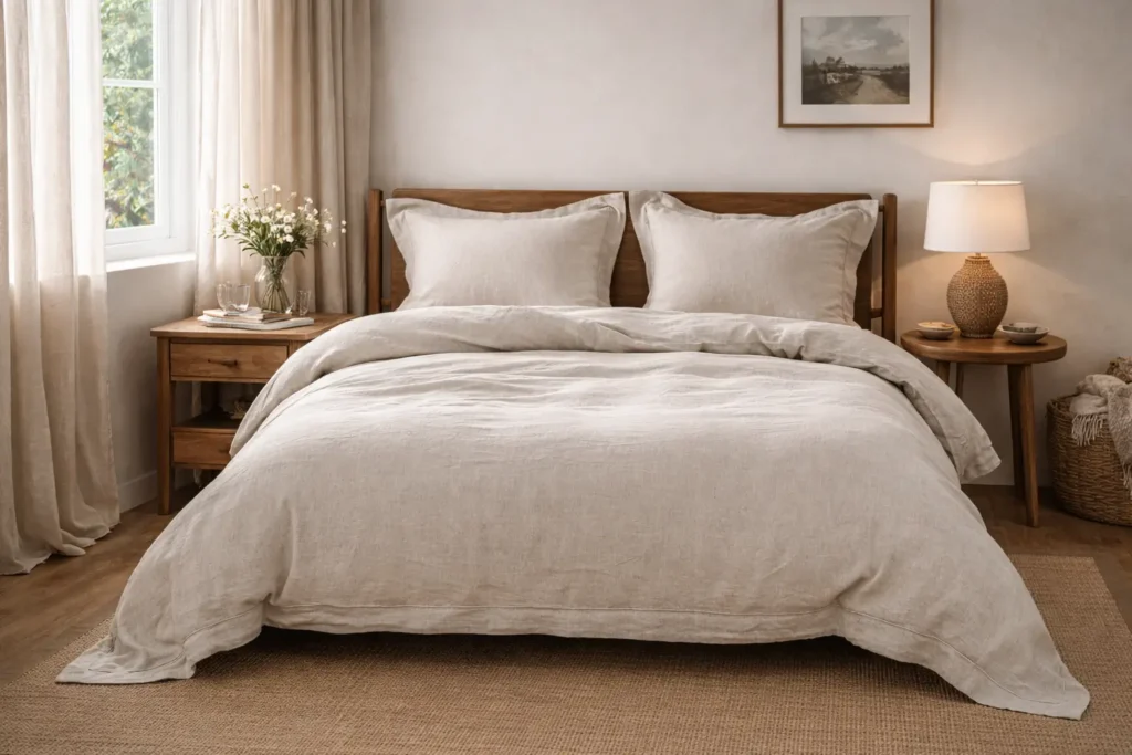 linen bedding set in natural washed linen on a cosy cottage bedroom bed