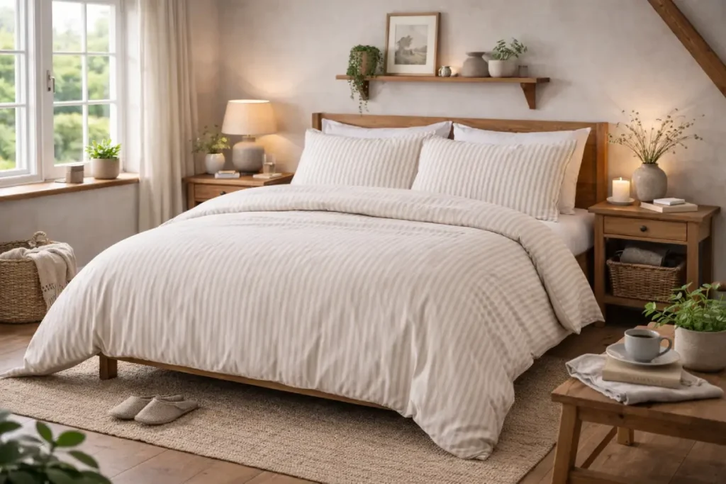 natural striped linen bedding set styled in a calm cottage bedroom
