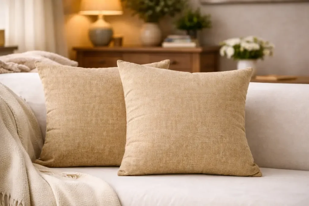 Two large natural beige textured linen cushions resting casually on a sofa in a cosy cottage living room.