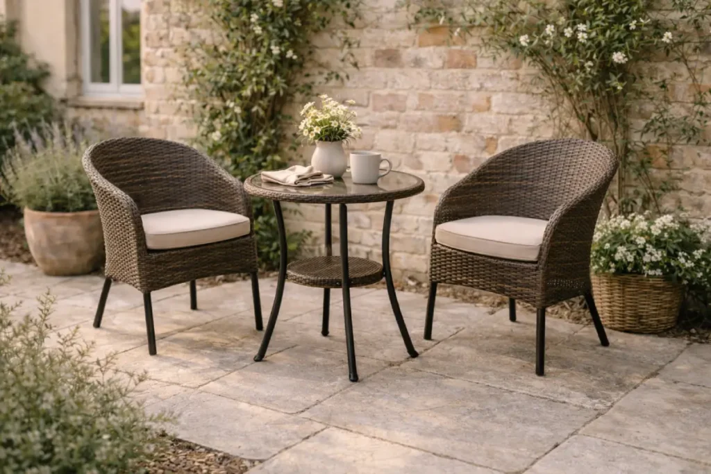 rattan garden bistro set with two chairs and table on a cosy cottage patio