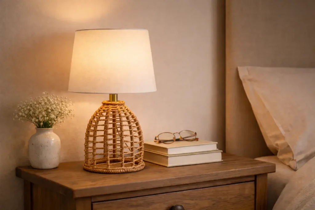 rattan table lamp with woven base creating warm light in a cosy cottage reading corner