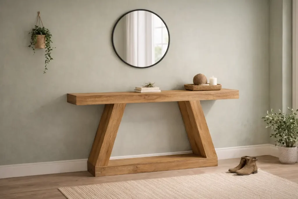 natural wood rustic console table styled in a cosy cottage entryway