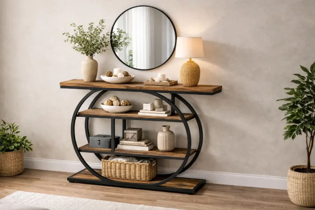 rustic console table with lower shelves styled in a cosy cottage entryway