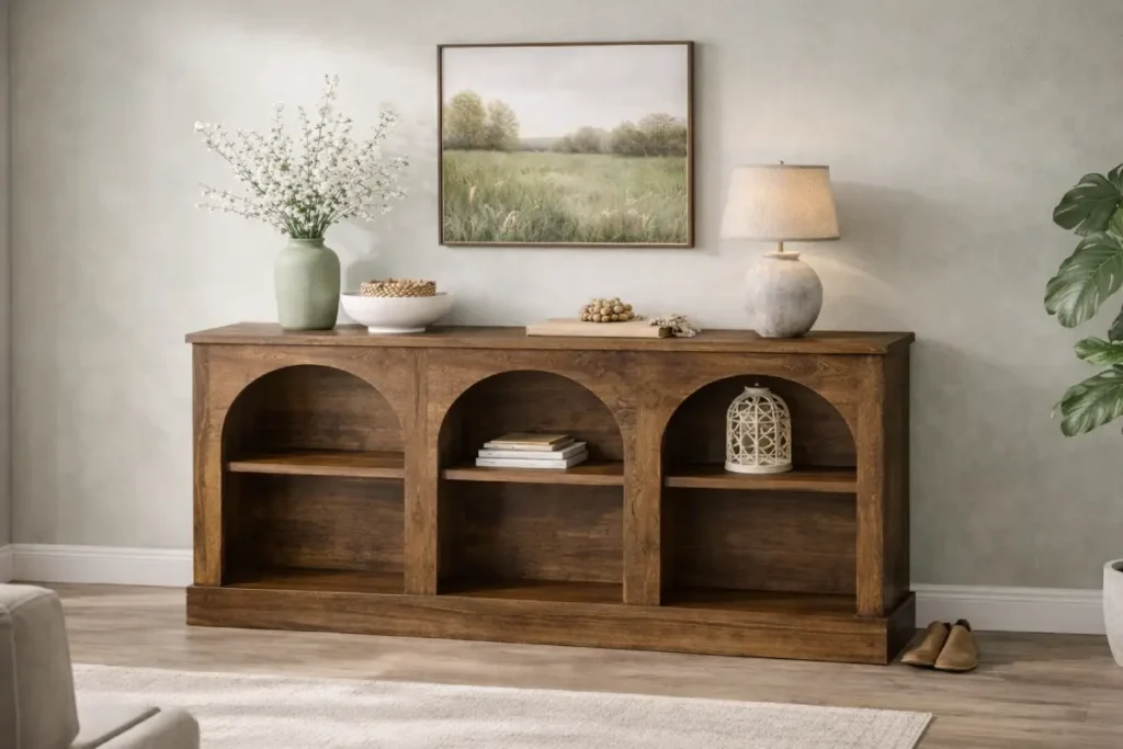 rustic console table with storage shelves styled in a cosy cottage entryway