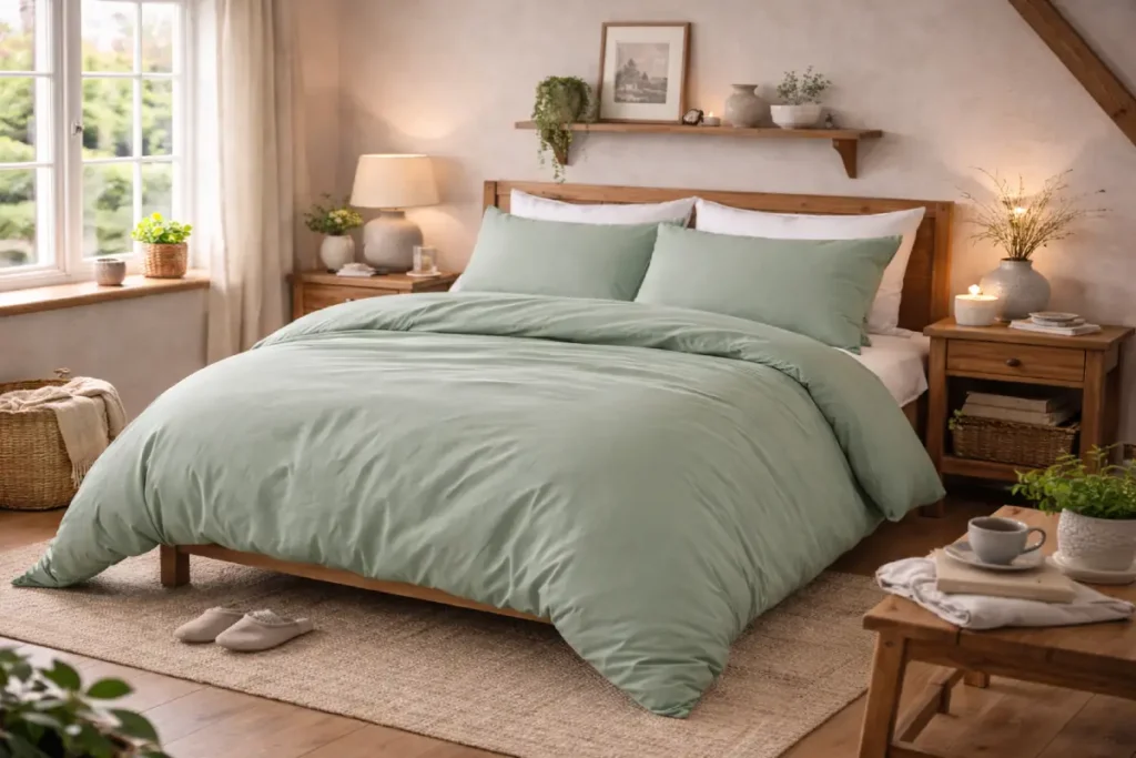 Sage Green Linen-Style Bedding Set in a Calm Cottage Bedroom