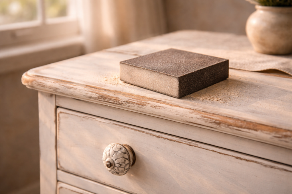 A sanding sponge resting on a freshly distressed white dresser, showcasing the gentle technique used to create authentic shabby chic furniture in a cottage home.