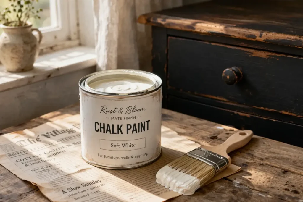 An open tin of soft white chalk paint and a loaded paintbrush resting on newspaper, ready for a shabby chic furniture upcycling project in a sunlit cottage room.