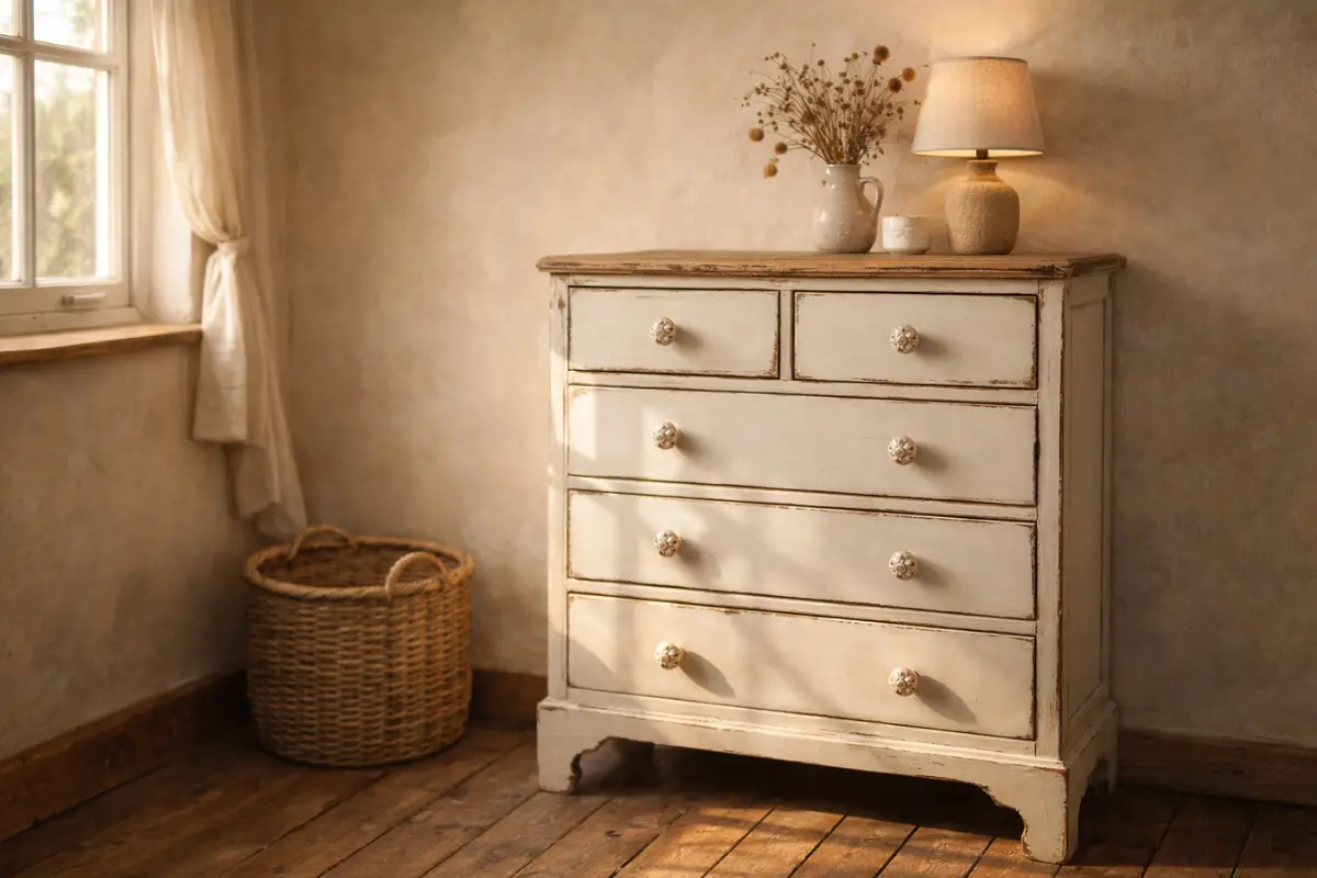 A beautifully painted cream shabby chic chest of drawers with distressed edges, sitting in a sunlit cottage room next to a wicker basket.