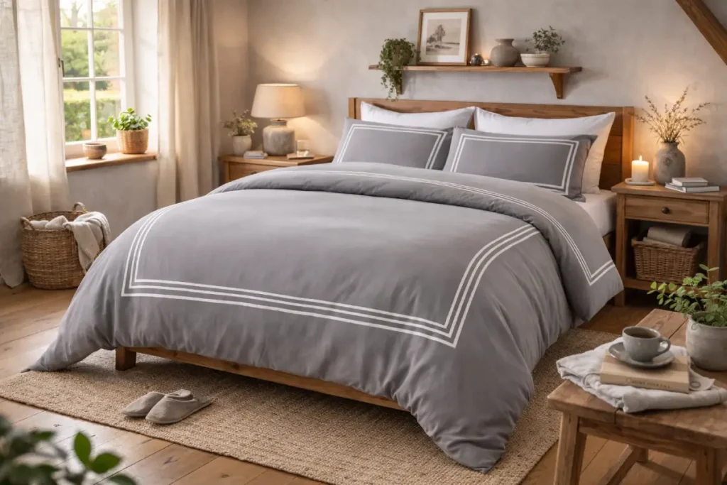 soft grey linen bedding set styled in a cosy cottage bedroom with wooden furniture