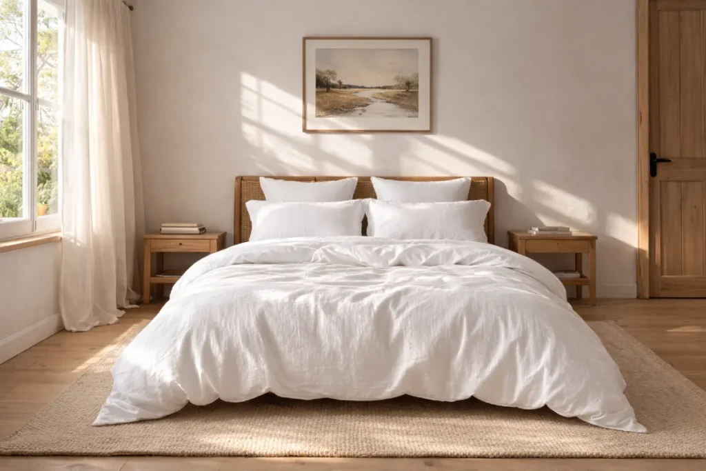 white linen bedding set styled in a calm cottage bedroom with wooden bedside table