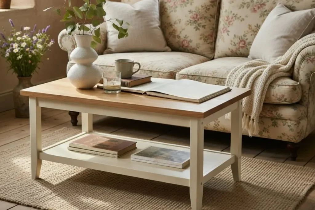 Solid wood coffee table with cream legs resting on a woven rug, a perfect grounding piece for cottage living room furniture sets.