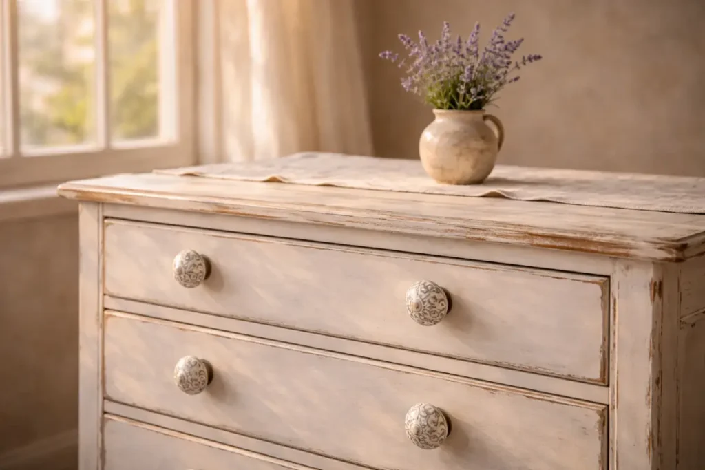 Close-up of a quietly restored wooden dresser in a cosy UK cottage, featuring hand-painted vintage ceramic drawer knobs that perfectly capture the shabby chic aesthetic.