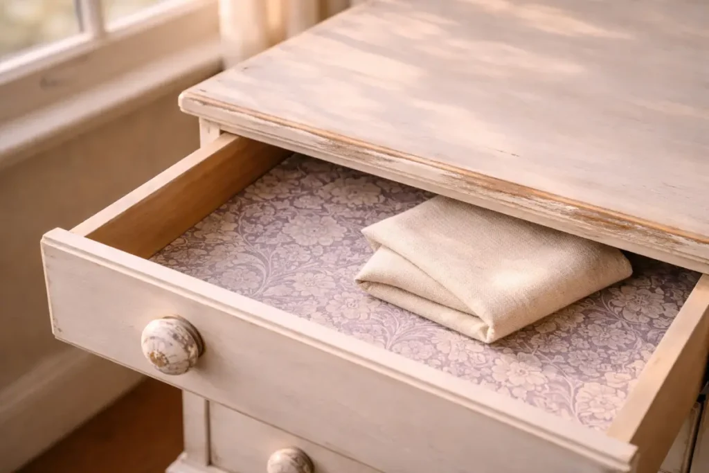 An open drawer of a white painted dresser, lined with vintage purple floral paper, showcasing a hidden detail of restored shabby chic furniture.