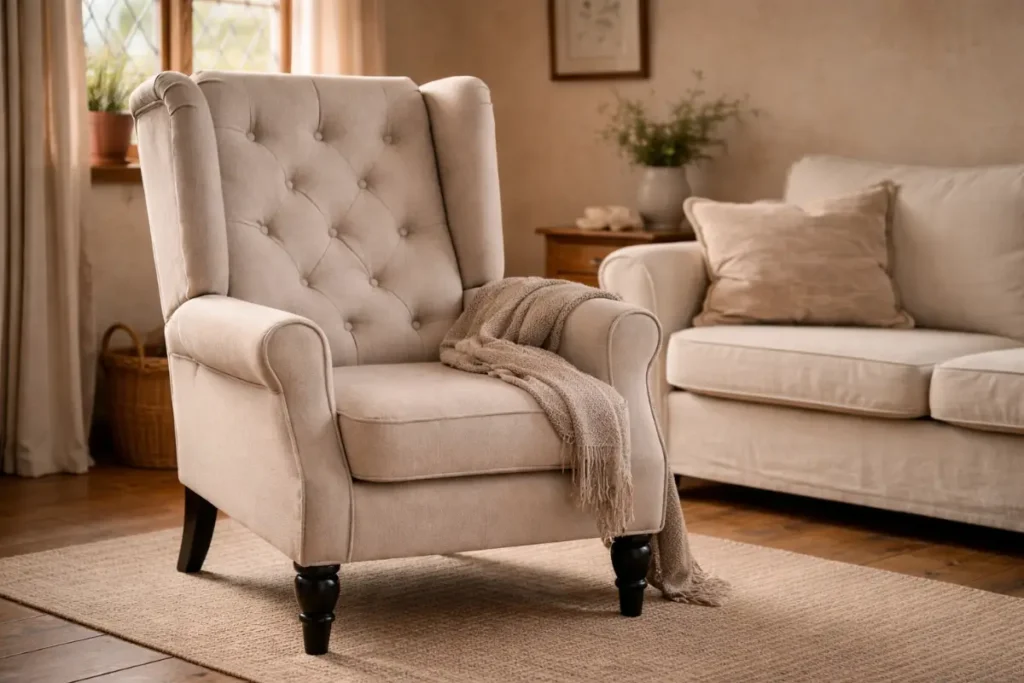 Vintage-inspired beige linen wingback armchair with solid wood legs, perfect for a quiet reading corner in a cottage living room furniture.