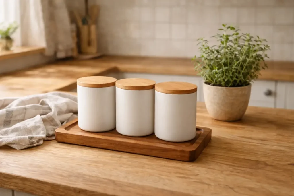 Matte white ceramic canisters with bamboo lids styled in warm cottage kitchen ideas setting