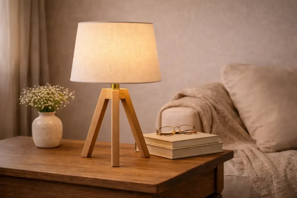 wooden table lamp with linen shade creating warm light in a cosy cottage reading corner